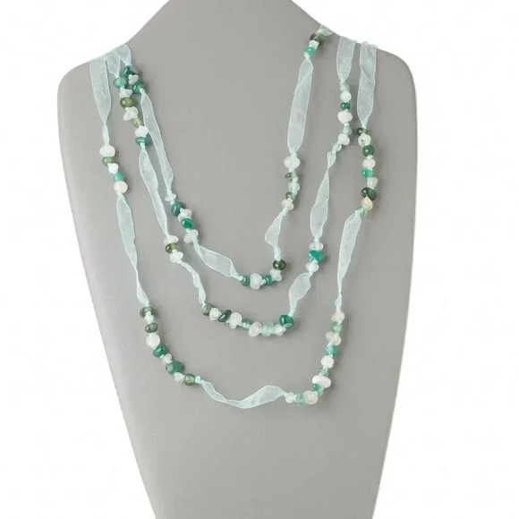 Handcrafted Green White Agate Pebble Gemstone Organza Ribbon 3 Strand Necklace - Picture 3 of 3
